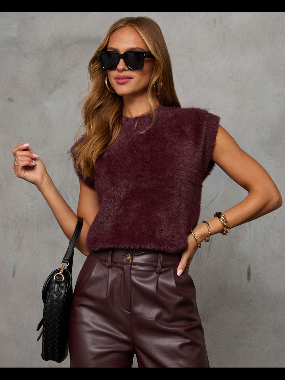 Vici Burgundy Plush Faux Fur Sleeveless Top